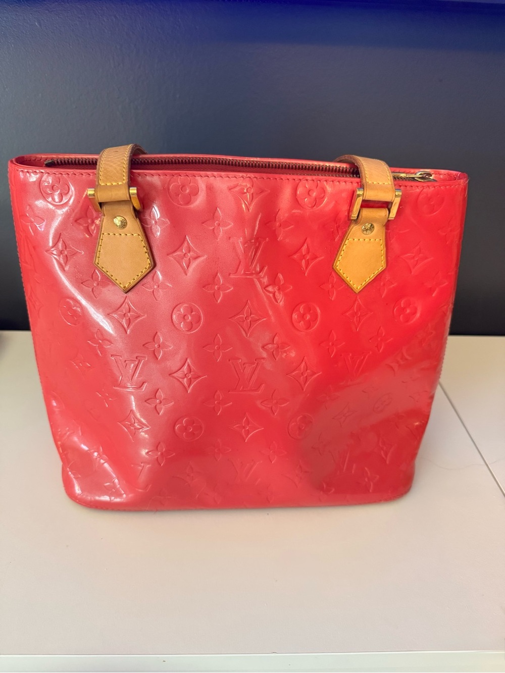 Louis Vuitton Red Vernis Monogram Tote with Natural Leather Handles